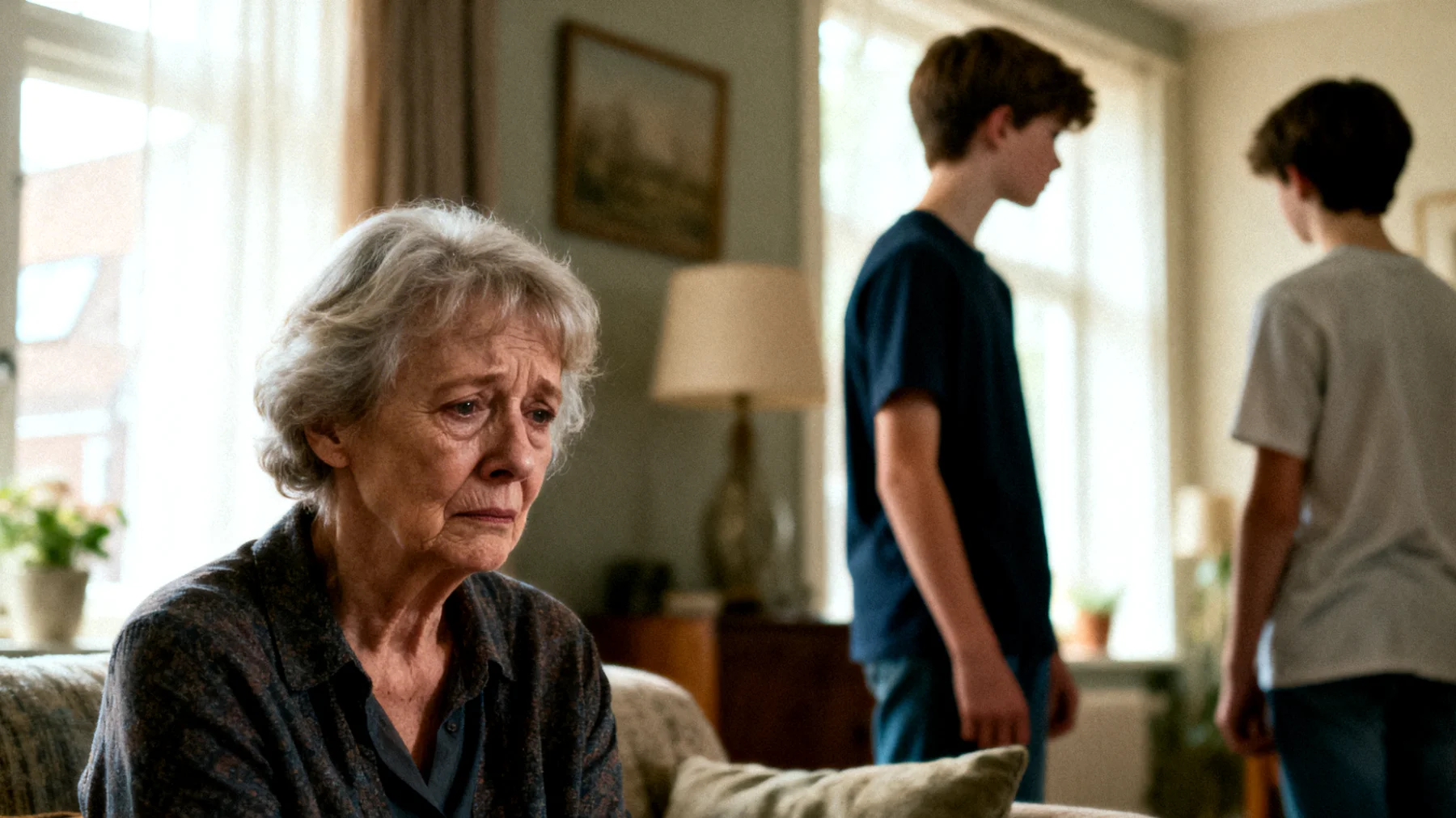 Oma ervaart schuldgevoelens in haar relatie met haar adolescente kleinkinderen, mogelijk door het gevoel te kort te schieten, niet genoeg aanwezig te zijn geweest, of fouten te hebben gemaakt in haar rol als grootouder."