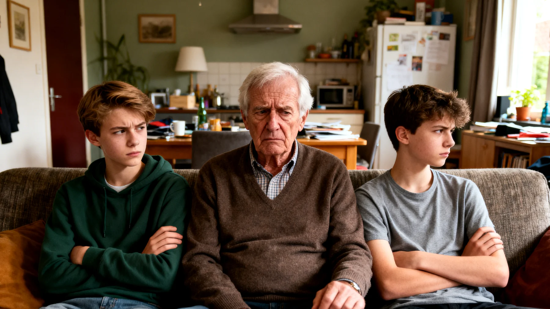 Opa ervaart spanning en zorgen omdat zijn adolescente kleinkinderen onderlinge jaloezie en rivaliteit tonen, wat de familieharmonie verstoort en hem onzeker maakt over hoe hij eerlijk en evenwichtig met ieder kleinkind moet omgaan"