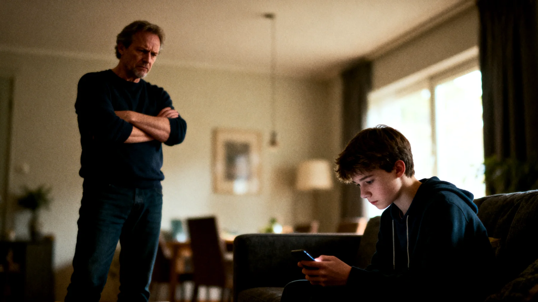 Vader heeft moeite om grenzen te stellen rond het overmatige smartphonegebruik van zijn adolescente kind, wat leidt tot conflicten, verminderde communicatie en zorgen over de impact op schoolprestaties en sociale ontwikkeling."